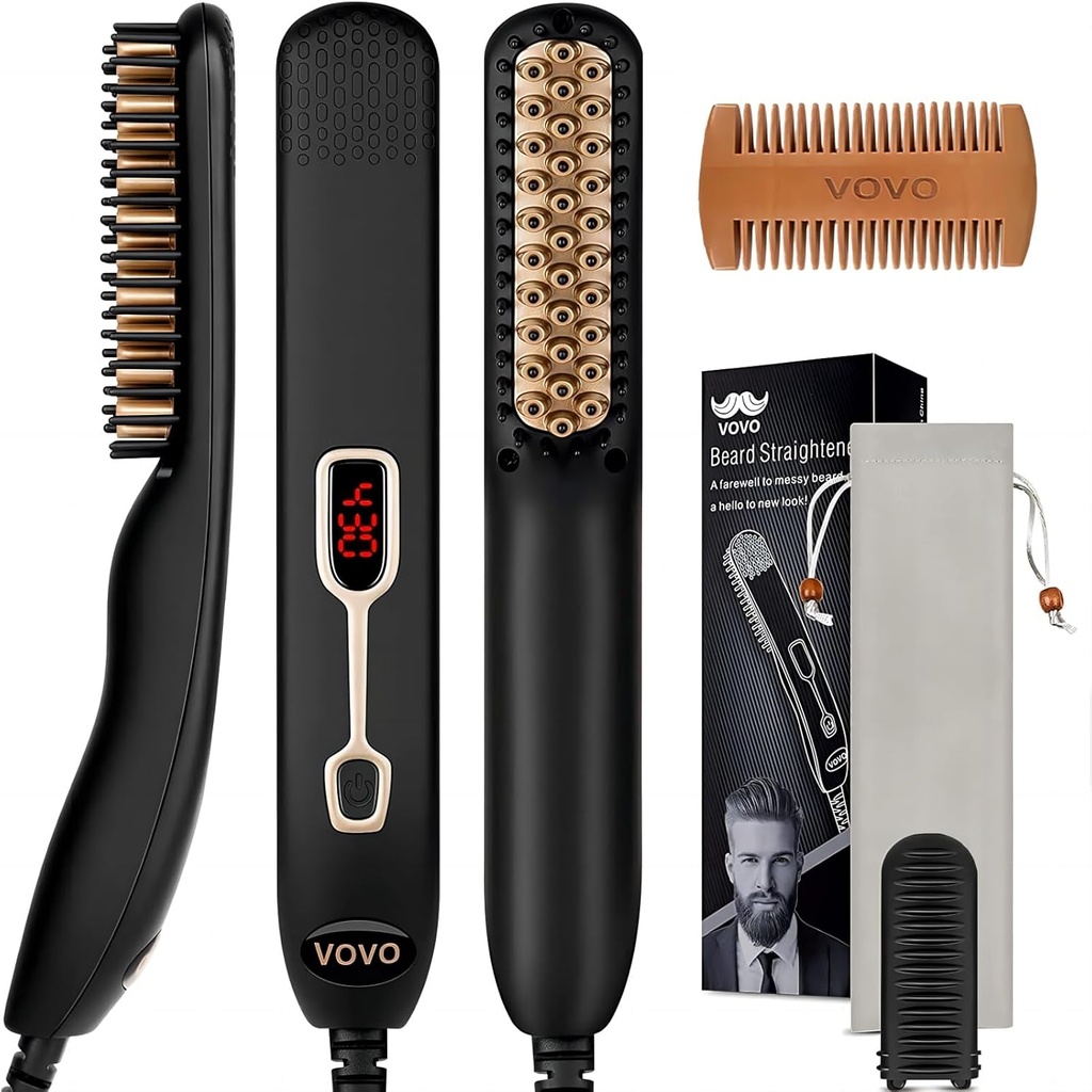 VOVO Beard Straightener 빗 향상 전문가 2 에 1 남자의 Beard Straightening Heated Hair Straightening Brush Portable Anti-Burn 6 온도 조절 가능 LED 디스플레이 홈 및 여행