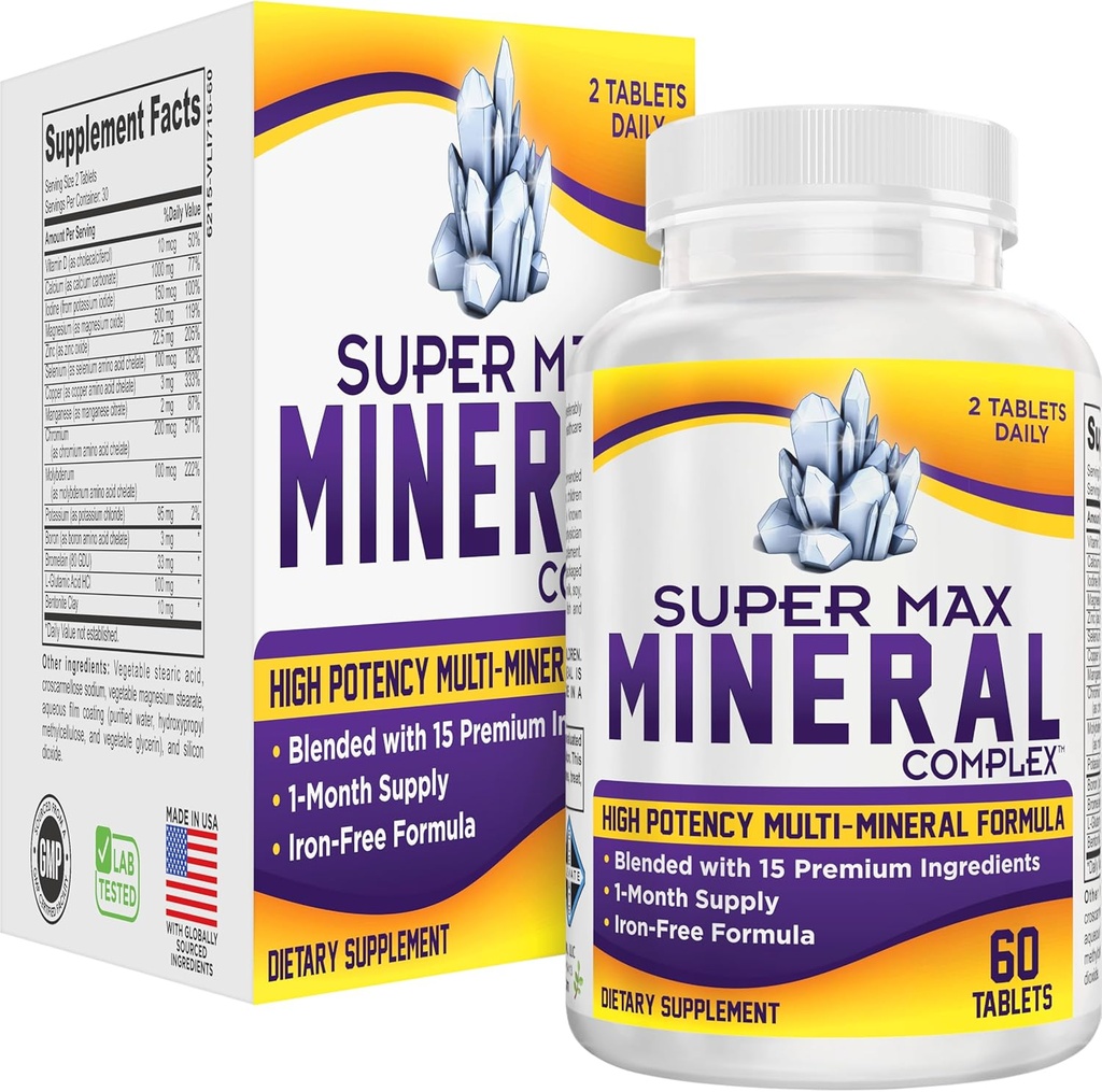 Super-MAX Multimineral Supplement (Iron Free) Multiminerals | 고순도 멀티 미네랄 보충제 (All-in-1) Mineral Formula | 광물 복합 재료 | 1 개월 공급 | 60 정제