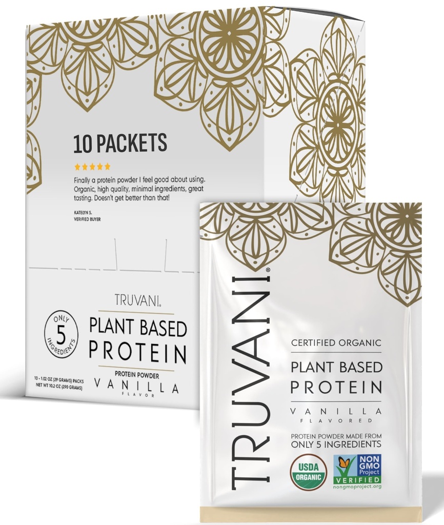 Truvani Vegan Pea Protein Powder | 바닐라 | 20g 유기농 플랜트 기반 단백질 | 싱글 서빙 여행 패킷 | 10 인분 | 케토 | 글루텐 & 다이리 무료 | 저탄소 | 설탕 없음