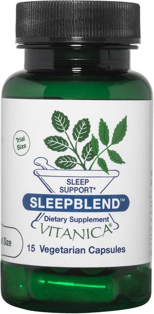 Vitanica SleepBlend - Sleep & Relaxation Support for Women - Melatonin, Valerian Root, 비타민 B2 및 B12 및 마그네슘 - Pro 로고 - 15 Vegan Caps