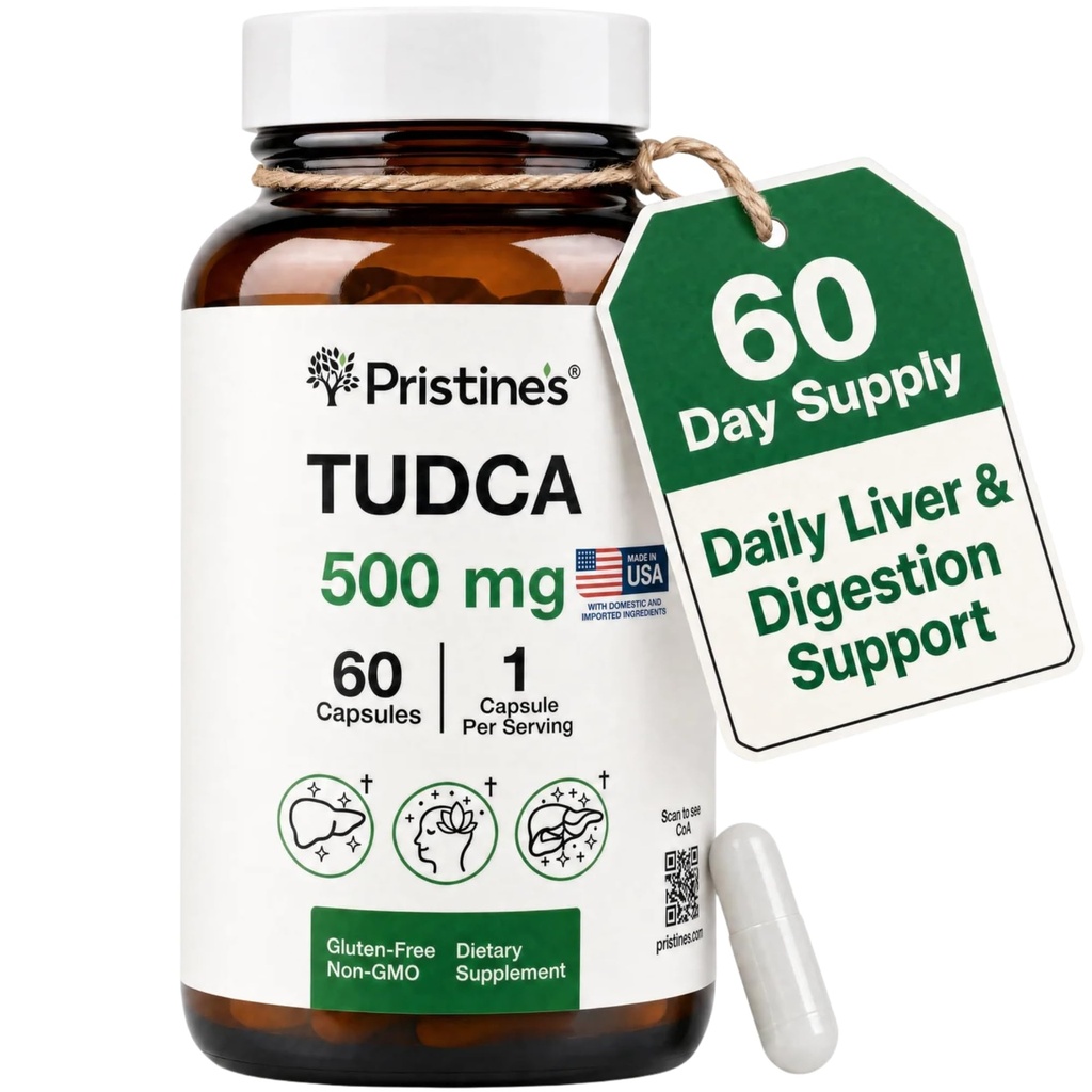 PRISTINE'S Tudca 500MG Liver 지원 및 순화 된 Bile 소금 보충 캡슐 - 60 일 공급 - Gallbladder Liver Organ & Digestion Detox 및 Cleanse 지원 보충 - 글루텐 자유로운 비 GMO