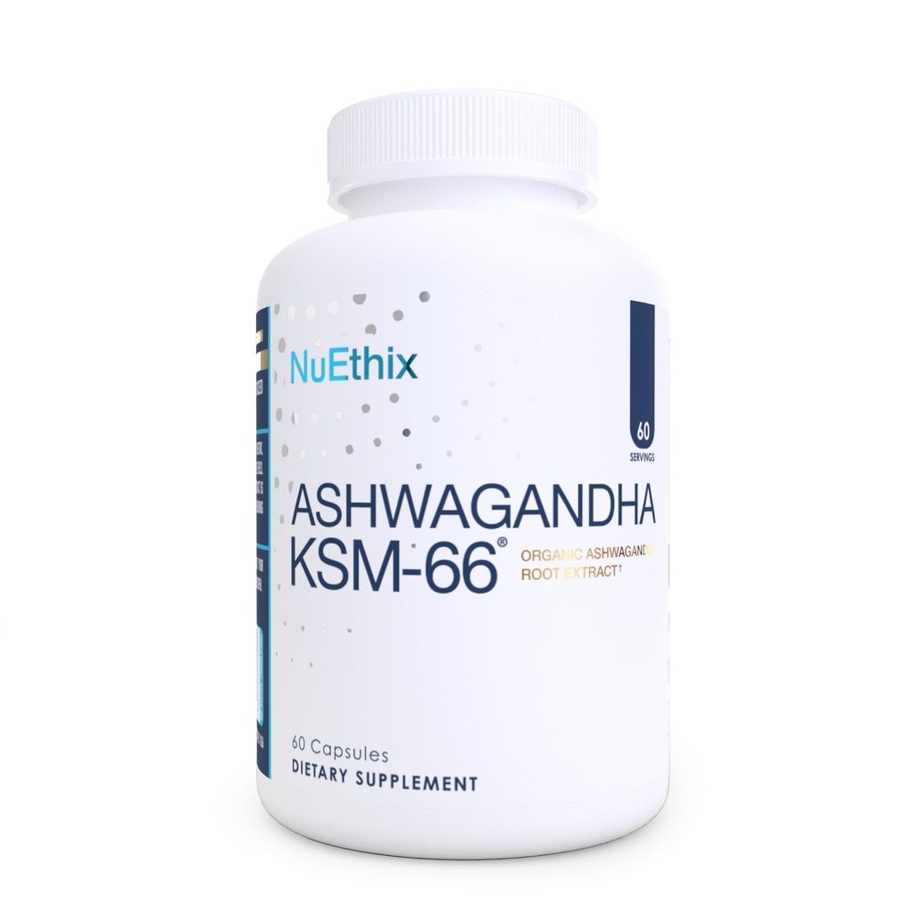 NuEthix Formulations Ashwagandha KSM 66, KSM-66 Root Extract, Mood, Stress, & Cognitive Support, BioPerine Black Pepper Extract, Gluten Free, Vegetarian, Non-GMO, & Dairy Free, 60 서빙