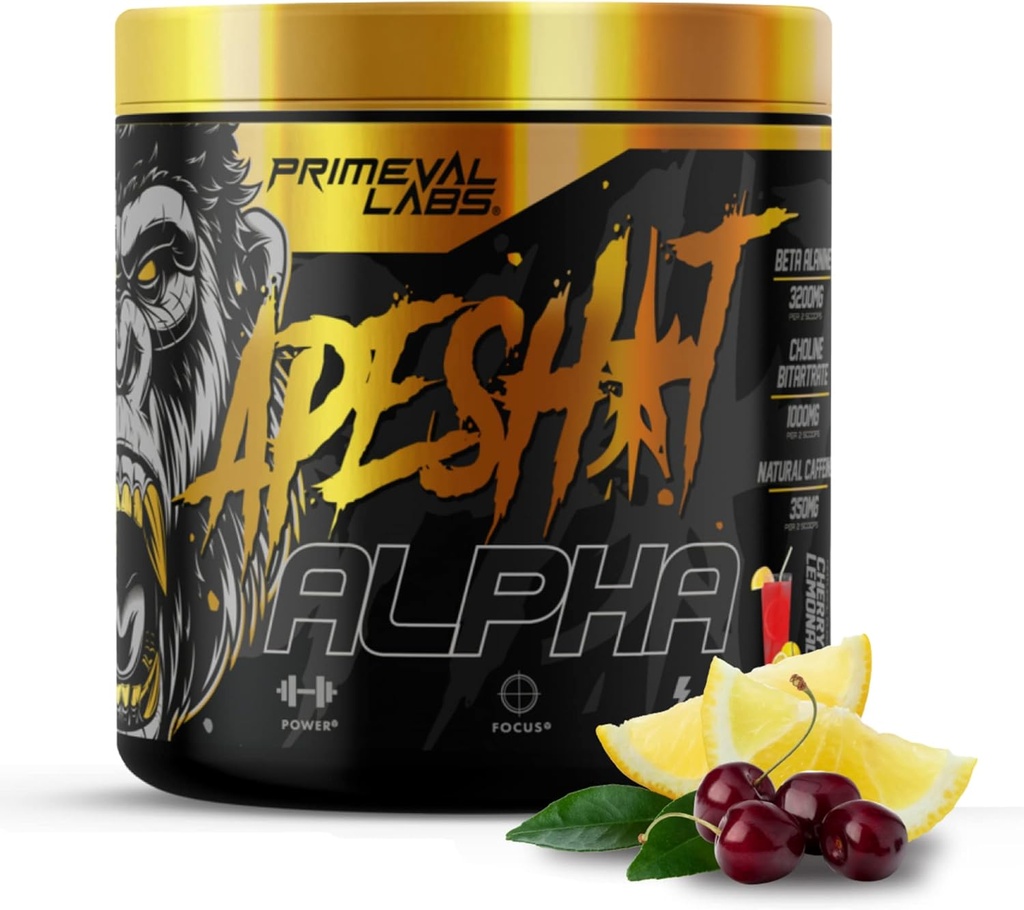 Primeval Labs Ape Alpha Natural Pre Workout for Men and Women | Endurance and Focus | 350mg Caffeine Powder | Beta-Alanine |L citrulline | 니트로 산화물 부스터 | Cherry Lemonade, 40 인분