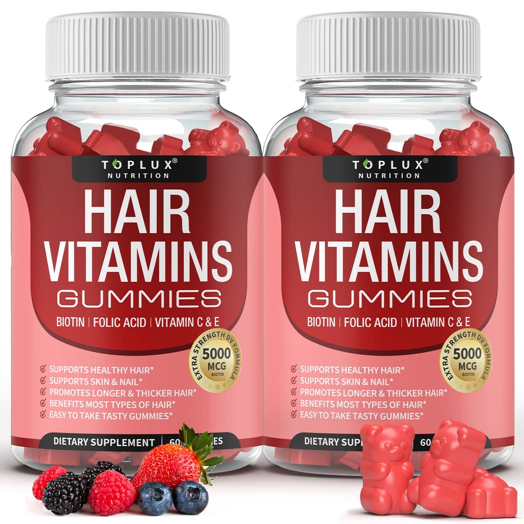 머리 비타민 Gummies 보충교재 – 더 빠른 머리 성장 거미 5000mcg Biotin, Folic 산, 비타민 C & E의 지원 더 강한 & 더 두꺼운 머리, 피부, 못, 남자 여자를 위한 비 GMO, 60 베리 맛을 내는 Gummies