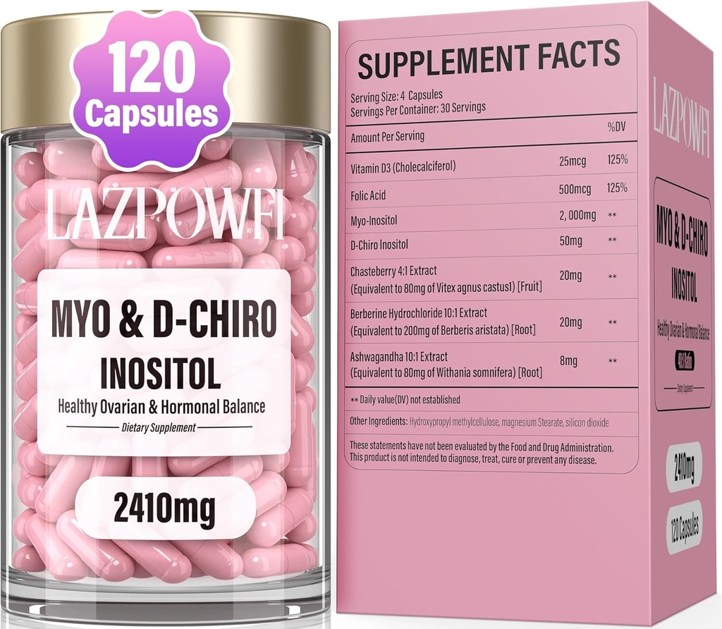 Inositol 보충교재 – Chasteberry, Berberine & Ashwagandha를 가진 Myo-Inositol & D-Chiro Inositol – 이상 40:1 Folate & 비타민 D와 혼합 – Vegan Women’s Wellness Formula – 120 캡슐