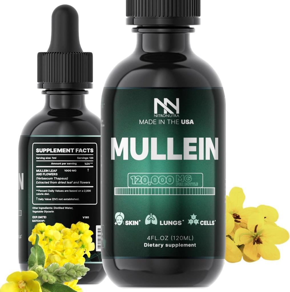 Lungs 용 Mullein Drops - Lung Cleanse & Detox - Lungs 용 Mullein 잎 추출물 - 흡연자를 위한 Lung Detox - 기관지 및 면역 지원 - Mullein Leaf Drops 4 Fl Oz