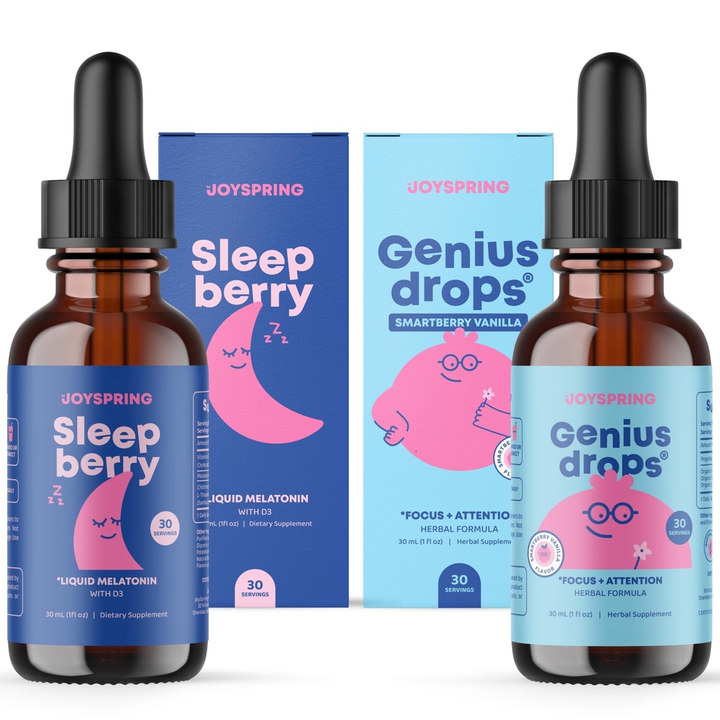 JoySpring SleepBerry 액체 멜라토닌과 Genius Drops 스마트 베리 바닐라 어린이를위한