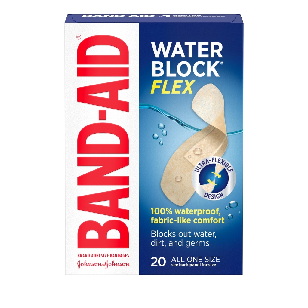 Band-Aid 브랜드 워터 블록 플렉스 100 % 미니어처 컷, 스크랩 및 Wounds, Ultra-Flexible Design, Sterile, All One Size, 20 ct에 대한 방수 접착제 붕대