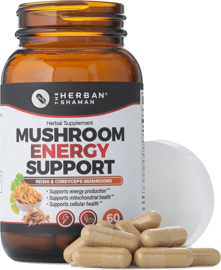 버섯 보충교재 에너지 지원 | Reishi, Ginkgo, Rhodiola, Maca, 중국 인삼, CoQ10 + 더 많은 (60의 캡슐)를 가진 유기 버섯 초본 캡슐