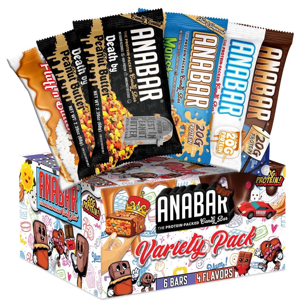 Anabar Protein Bar, 샘플러 팩, Protein-Packed Candy Bar, World's Best Tasting Protein Bar, No Sugar Alcohols, High Protein, Amazingly Delicious, 20 Grams of Protein (6 Bar, Original Variety)
