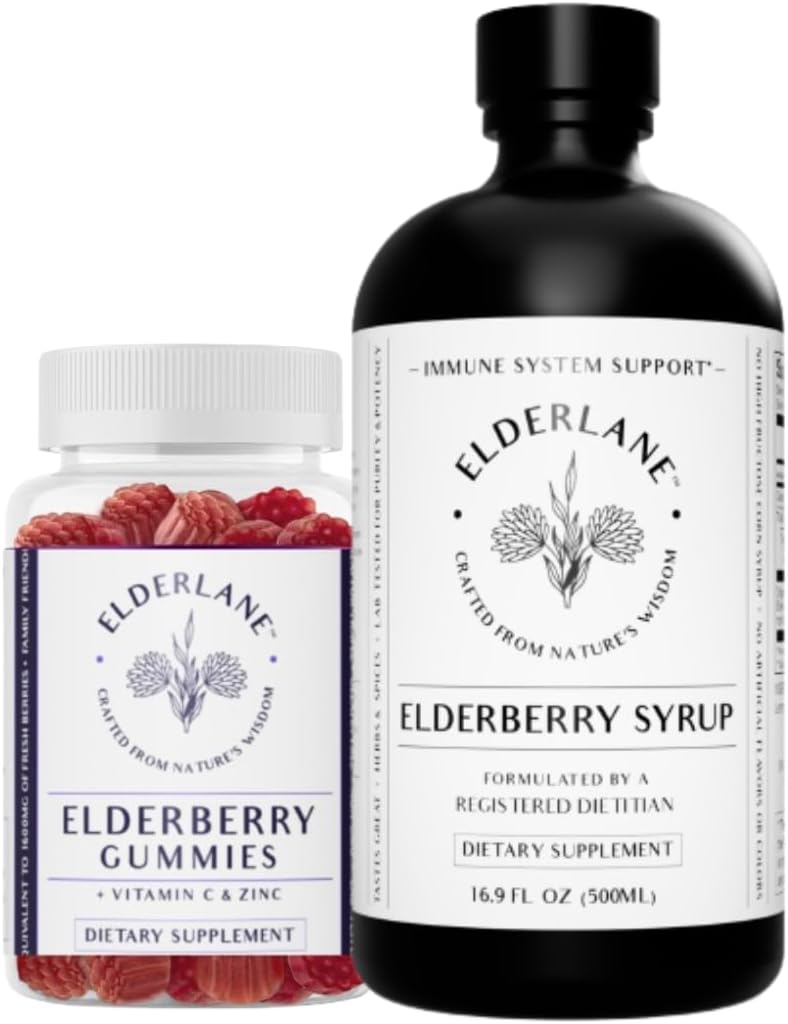 Elderlane Elderberry Syrup 및 Elderberry Gummies - 이전 RD 자연 - 성인과 어린이를위한 면역 지원 보충 - 16.9 Oz Syrup 및 60ct Gummies