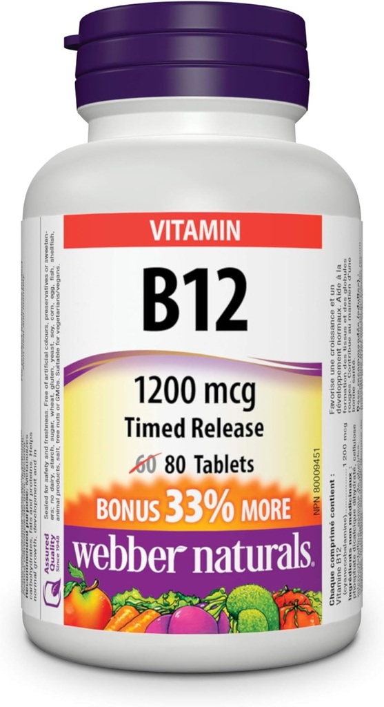 Webber Naturals 비타민 B12 시기를 정하는 방출 1200mg 80 정제