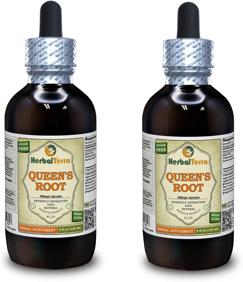 여왕의 뿌리 (Stillingia Sylvatica) Tincture, 건조 뿌리 액체 추출 (브랜드 이름: HerbalTerra, Proudly Made in USA) 2x4 fl.oz (2x120 ml)