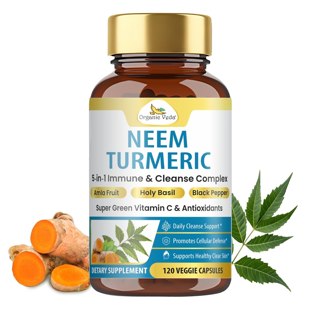 Amla Fruit, Tulsi, Holy Basil, Black Pepper Extract와 유기 Veda Neem 및 Turmeric 캡슐 - 면역 지원 규정식 보충교재 - Boosts Healthy Clear Skin & Cellular Defense - 120 Vegan 캡슐