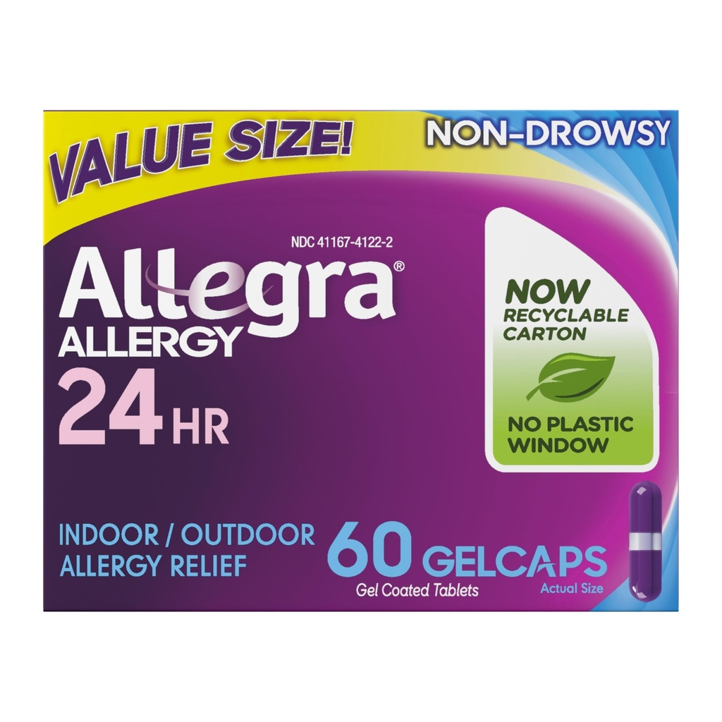 Allegra 성인 24 시간 알레르기 완화 젤캡, 비 돌리실 실내와 옥외 알레르기 약, 180 mg Fexofenadine HCI 항히스타민 알약, 60-Count