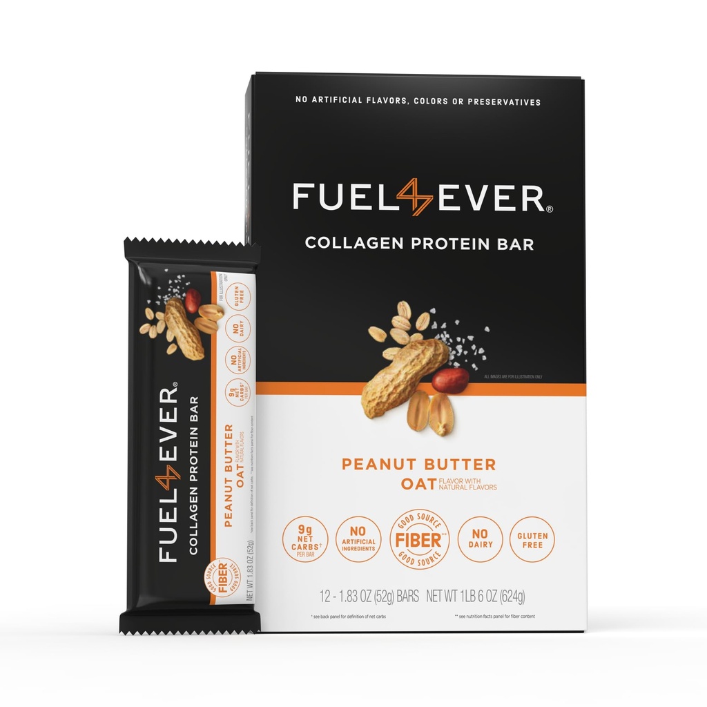 연료 4 Ever Collagen Protein Bar | 14G Protein, Gluten Free, Dairy Free, No Stevia or Artificial Ingredients 추가, 꿀과 감미롭게 | 땅콩 버터 오트 맛 (12 박스)