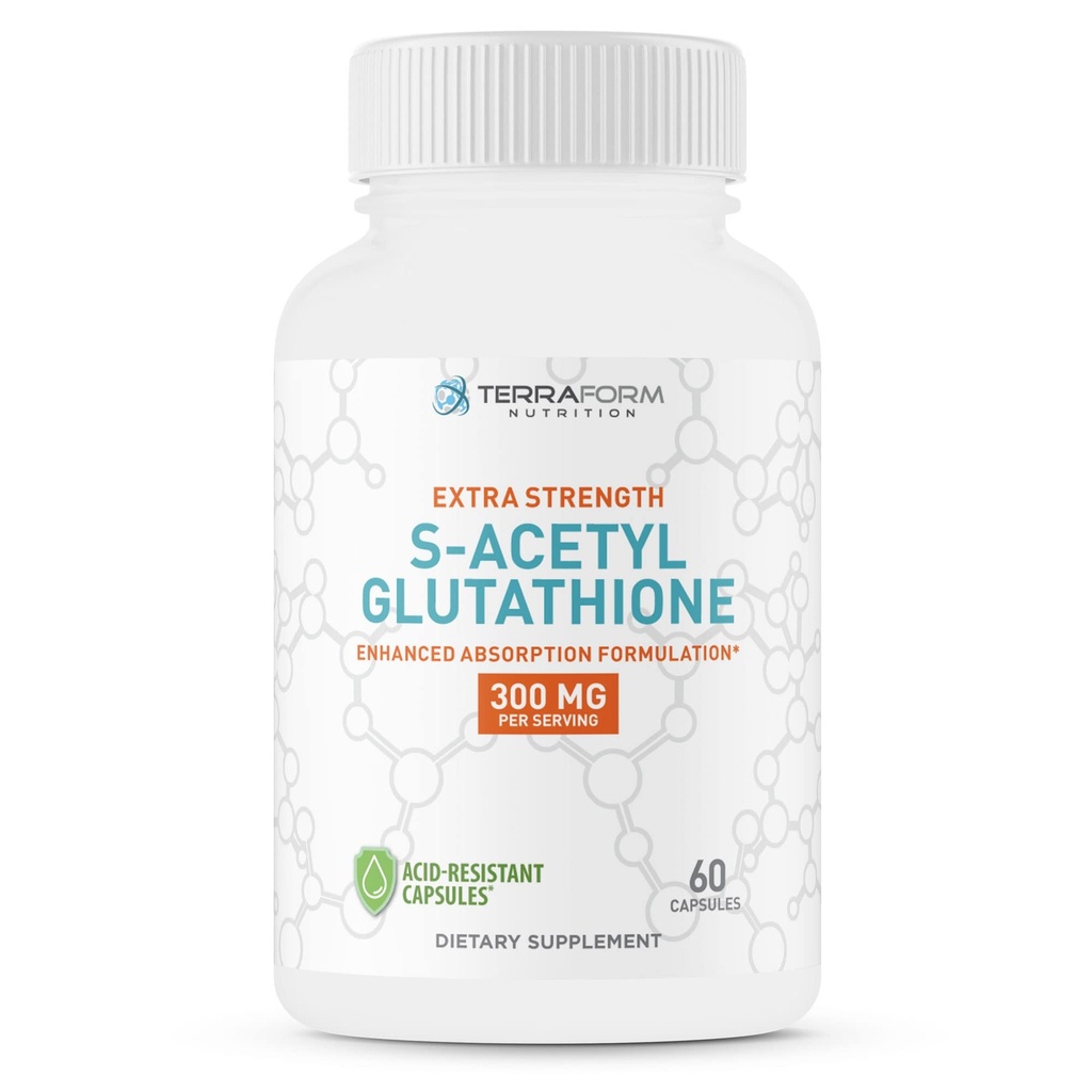 TerraForm Nutrition Extra Strength S-Acetyl Glutathione 300mg - 60 산성 민감성 캡슐 - 프리미엄 글루타티온 보충 - 높은 생체 이용 가능 및 안정적인 형태 SAG 보충 - 미국에서 만든