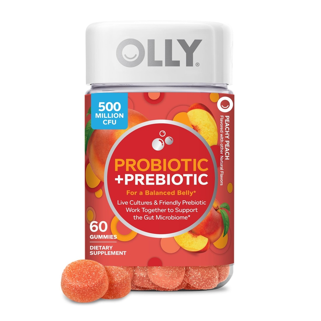 OLLY Probiotic + Prebiotic Gummy, 소화 지원 및 Gut 건강, 500 백만 CFUs, 섬유, 남성과 여성을위한 성인 Chewable 보충, 복숭아, 60 일 공급 - 60 개