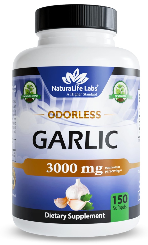 NaturaLife Labs Odorless Garlic - 봉사 당 3,000 mg 동등물 - 150 Softgels - 유기 엑스트라 버진 올리브 오일과 농축 마늘 전구 추출물 - 비 GMO, 글루텐 프리