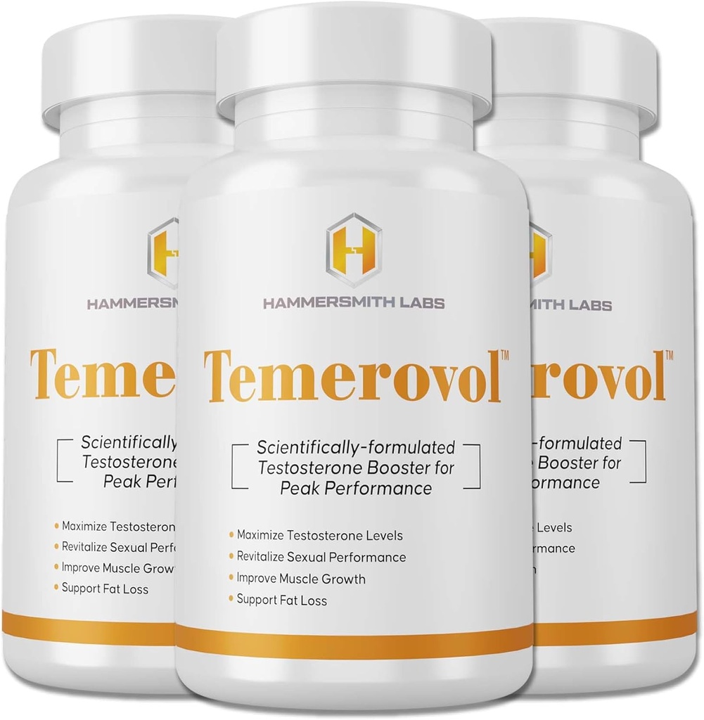 Temerovol - 남성 보충 - 에너지, 힘 및 리비도 향상 - Lean 근육 빌더, 60 캡슐 - 3 병 번들