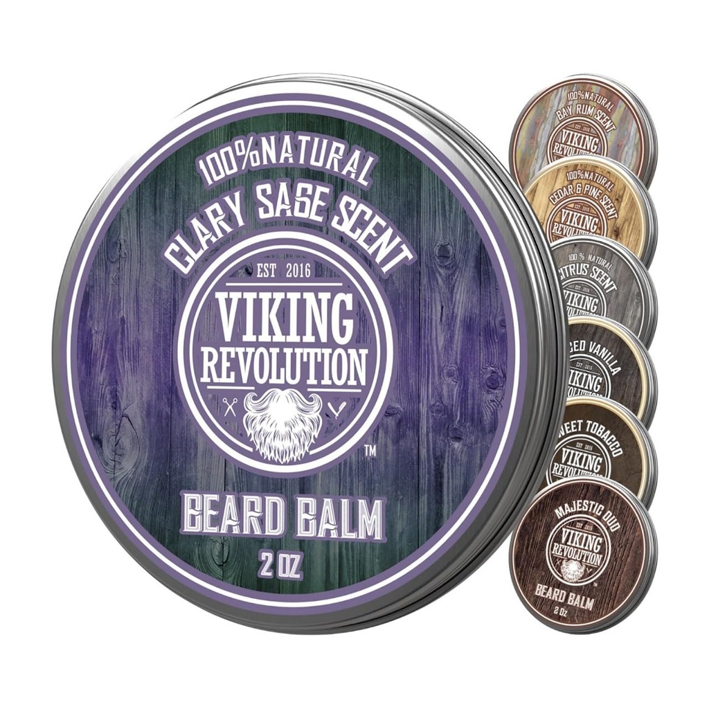 Viking Revolution Clary Sage Beard Balm - Argan Oil, Jojoba Oil과 남성용 Beard Softener - Beeswax와 남성용 Beard Moisturizer - 남자용 Beard Wax (2oz, 1 Pack)