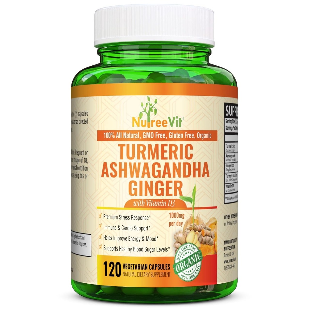 Ashwagandha & Ginger의 NutreeVit Organic Turmeric - 120 캡슐 | Ashwagandha Root & Turmeric Supplement with Vitamin D3 | 일반 웰빙 허브 보충