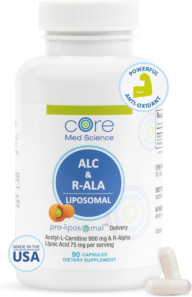 핵심 Med 과학 Liposomal ALC & R-ALA 보충교재 캡슐 - 아세틸 L 카르니틴 (900mg) & R 알파 Lipoic 산 (75mg) - 에너지를 승진시키고 & 초점 - 지원 정신 기능 & 기억 함침 (90 조사)