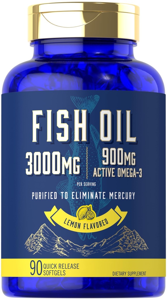 Carlyle Fish Oil 3000mg | 900mg 오메가 3 | 90 소프트젤 | 레몬 맛 | 비 GMO 및 글루텐 무료 보충