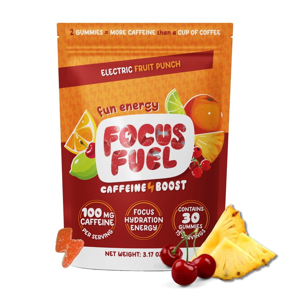 FocusFuel Energy Chews - 과일 펀치 맛 (15 서빙) - 100mg 카페인 + L-Theanine + B12, 마그네슘 - 부스트 초점 및 에너지 - 충돌이나 지터 없음