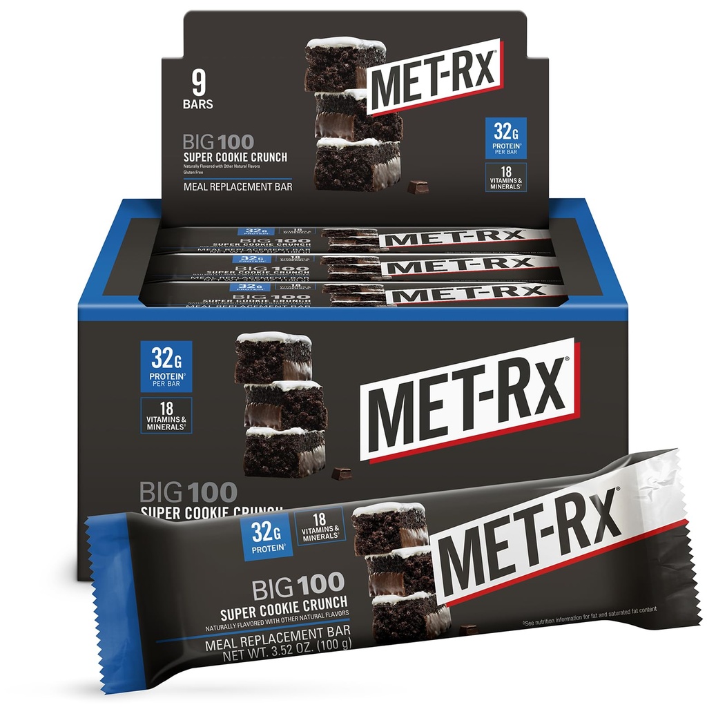 MET-Rx Big 100 Protein Bar, 식사 교체 바, 32G Protein, 슈퍼 쿠키 크런치, 9 바 (팩 1)