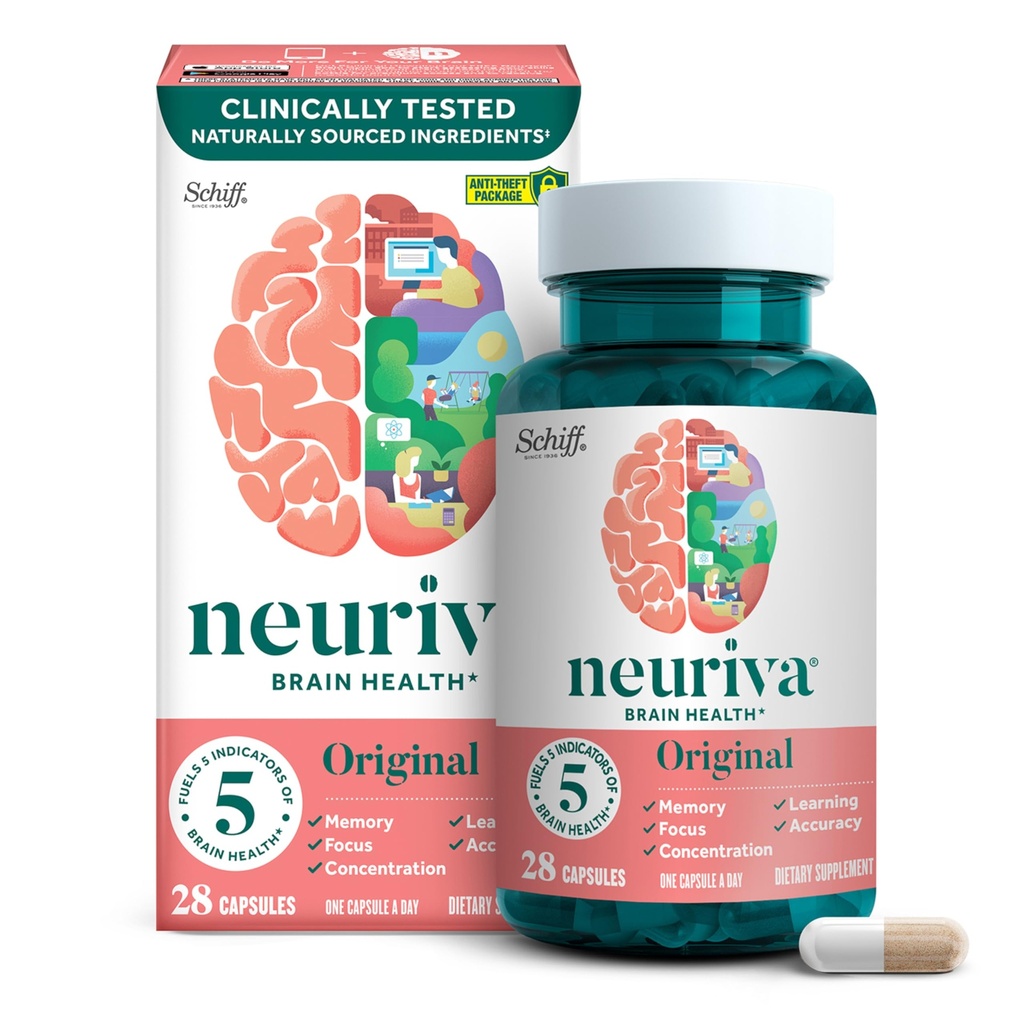 NEURIVA Original Decaffeinated Clinically Tested Nootropic Brain Supplement for Memory, Focus & Concentration, NeuroFactor & Phosphatidylserine, 28ct 캡슐