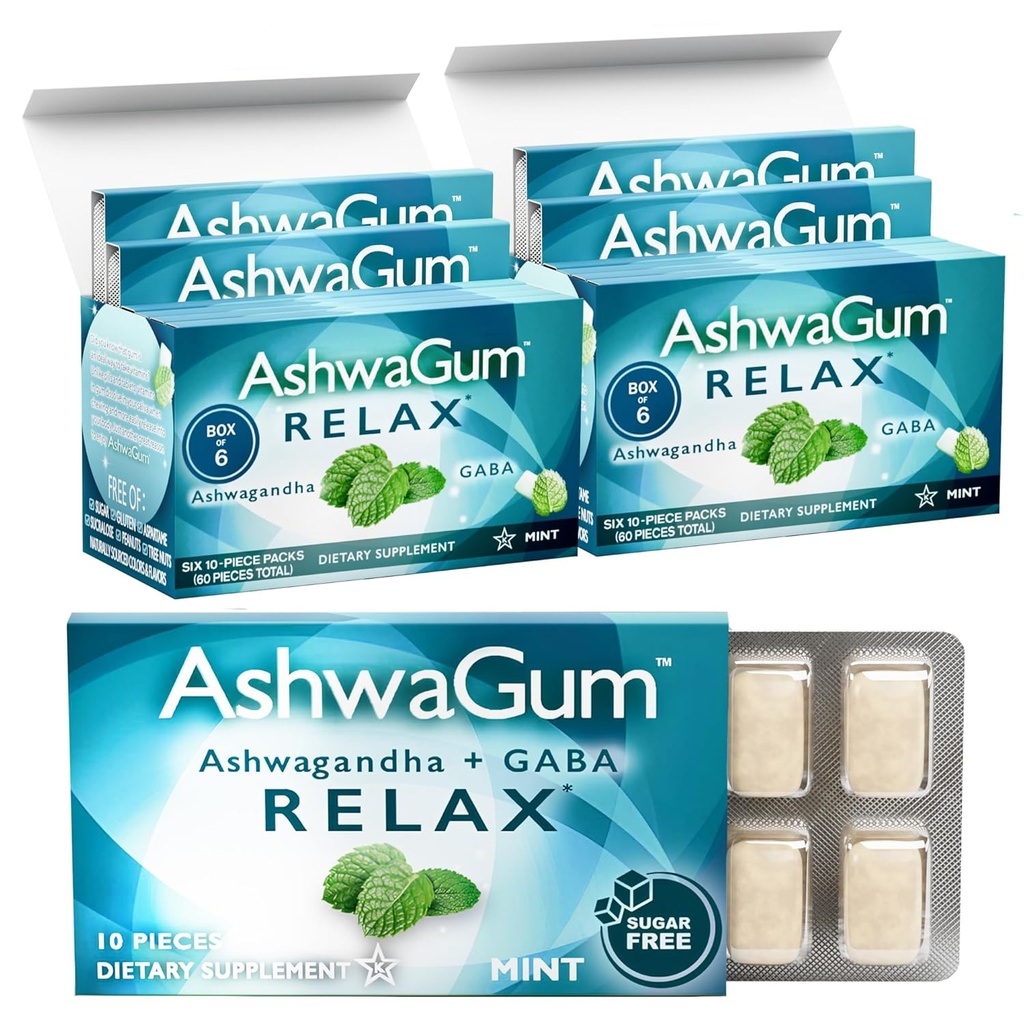 AshwaGum RELAX Gum by BetterGum, KSM 66 Ashwagandha 및 Gaba와 높은 효능 보충, Gummies, Sugar-Free, 2 팩의 스트레스와 긴장 완화 지원