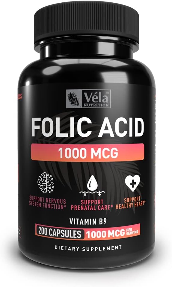 Folic Acid Supplement | 1,000 mcg Per 서빙, 200 캡슐 | 지원 심장 건강, 예비 지원 보충교재 | Non-GMO, 3rd Party Tested