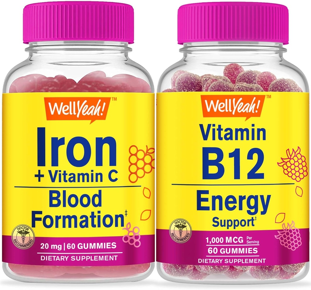 WellYeah Iron+Vitamin C + 비타민 B12 1000mcg, Gummies 번들 - 훌륭한 타스팅, 비타민 보충, 글루텐 무료, GMO 무료, Chewable 거미