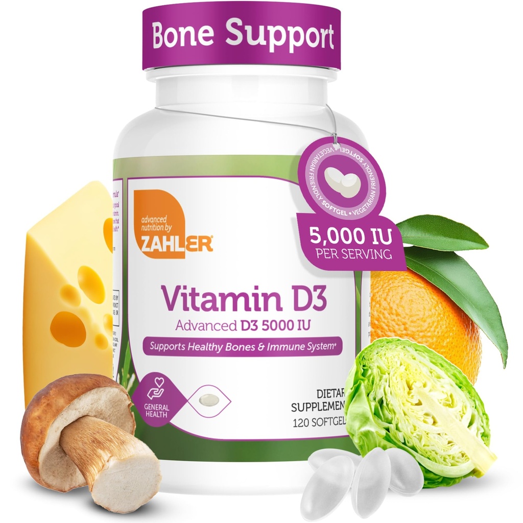 Zahler - 고급 비타민 D3 5000 IU Softgels (120 조사) Immune 지원, 뼈, 치아 및 근육 건강을위한 고저 채식 친화적 인 비타민 D - 성인을위한 매일 D3 비타민 보충 - 쉬운 삼키기 V