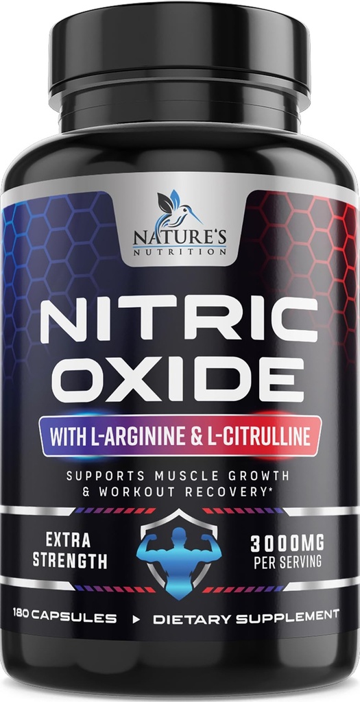 Nitric 산화물 승압기 여분 힘 3000mg - 3X 힘 L 아르기닌 & Citrulline, 남자를 위한 제일 질 산화물 보충교재, 지원 근육, 심장 건강, 에너지 보충교재, 미국에서 병에 넣어진 180의 캡슐