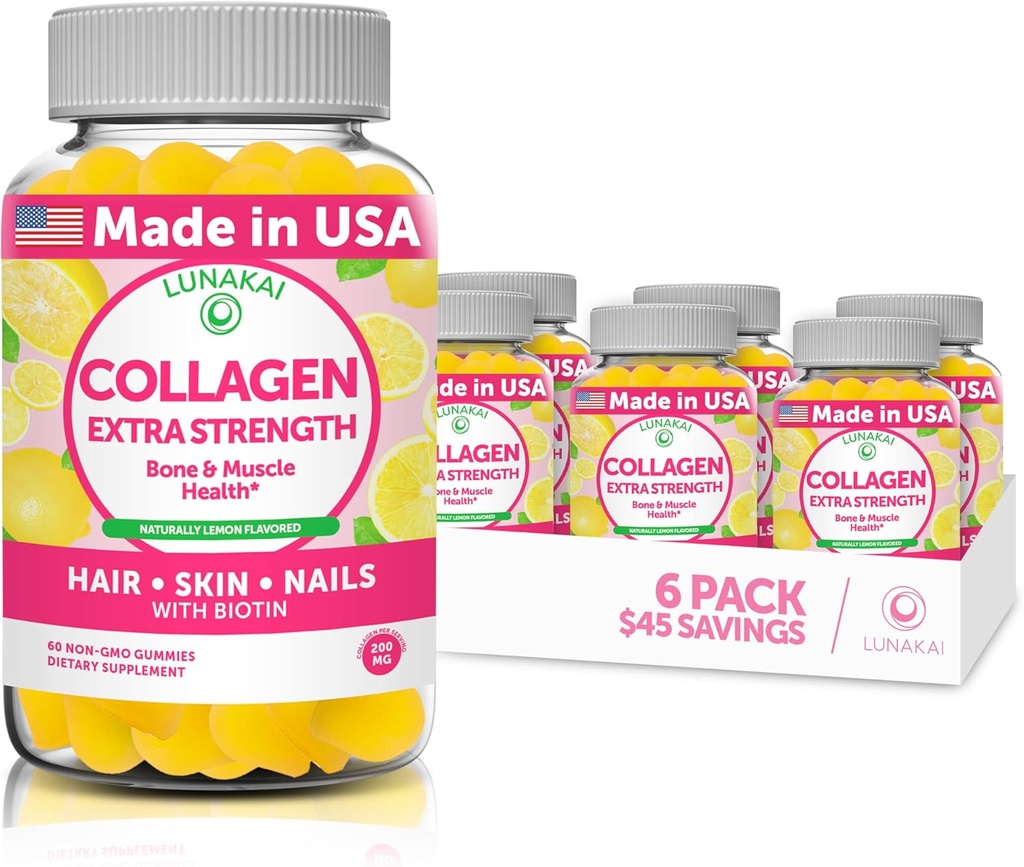 Lunakai Collagen Gummies - 가장 쉬운 번식 공식 - Biotin, 아연, 비타민 C 및 E가있는 여성과 남성을위한 200mg 가수 분해 콜라겐 Gummies - 여성을위한 비 GMO 노화 방지 보충 - 6 팩