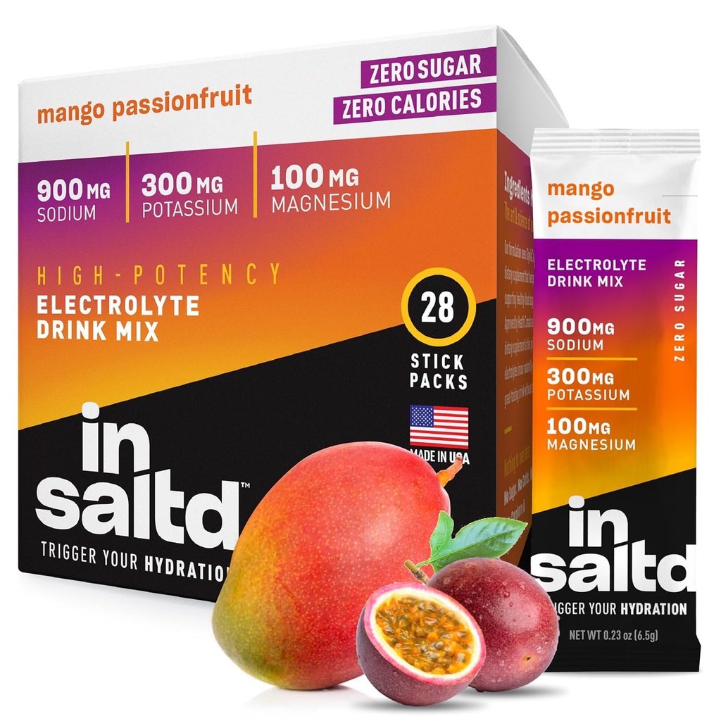 INSALTDTM Sugar Free Electrolytes Powder Packets with No Stevia Aftertaste | High-Potency Hydration Packets | Keto Electrolyte 음료 | Intermittent Fasting Drink Mix | 28 팩 (망고 열정)