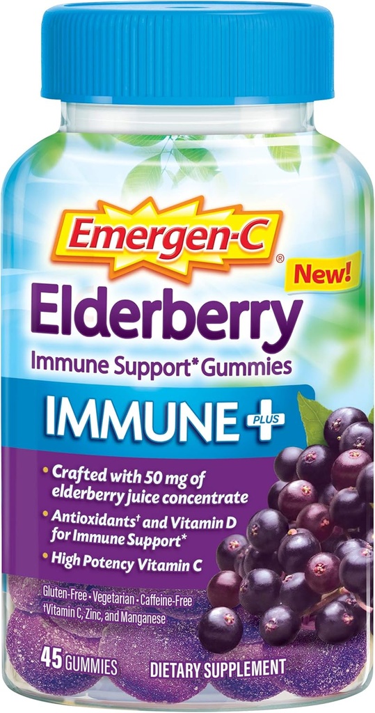 Emergen-C Immune+ Elderberry Gummies, 비타민 D, 아연 및 전해질을 가진 750 mg 비타민 C, Immune 지원 Dietary 보충교재, 카페인 자유로운, 글루텐 자유로운, Elderberry 풍미 - 45 조사