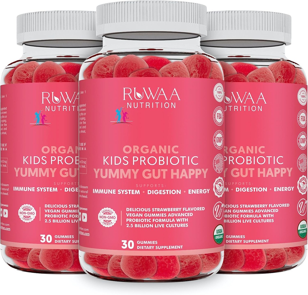 소화 건강을 위한 Kid Probiotic Gummies, 아이 나이를 위한 Chewable 매일 Probiotic 4. 구두 배려, 복부 불편, Gut 건강. Strawberry 맛, USDA 유기, 어린이를위한 Probiotics 90ct (3)