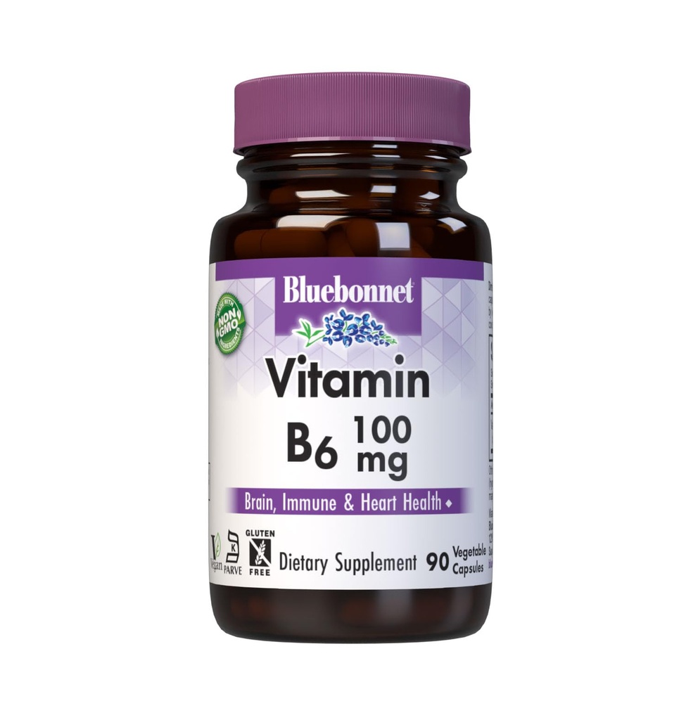 BlueBonnet 영양 비타민 B 6 여성 및 남성을위한 100 mg 에너지 비타민 - Nervous System Immune & Heart Health Support Supplement - Non-GMO, Vegan, Gluten-Free - 60 식물성 캡슐