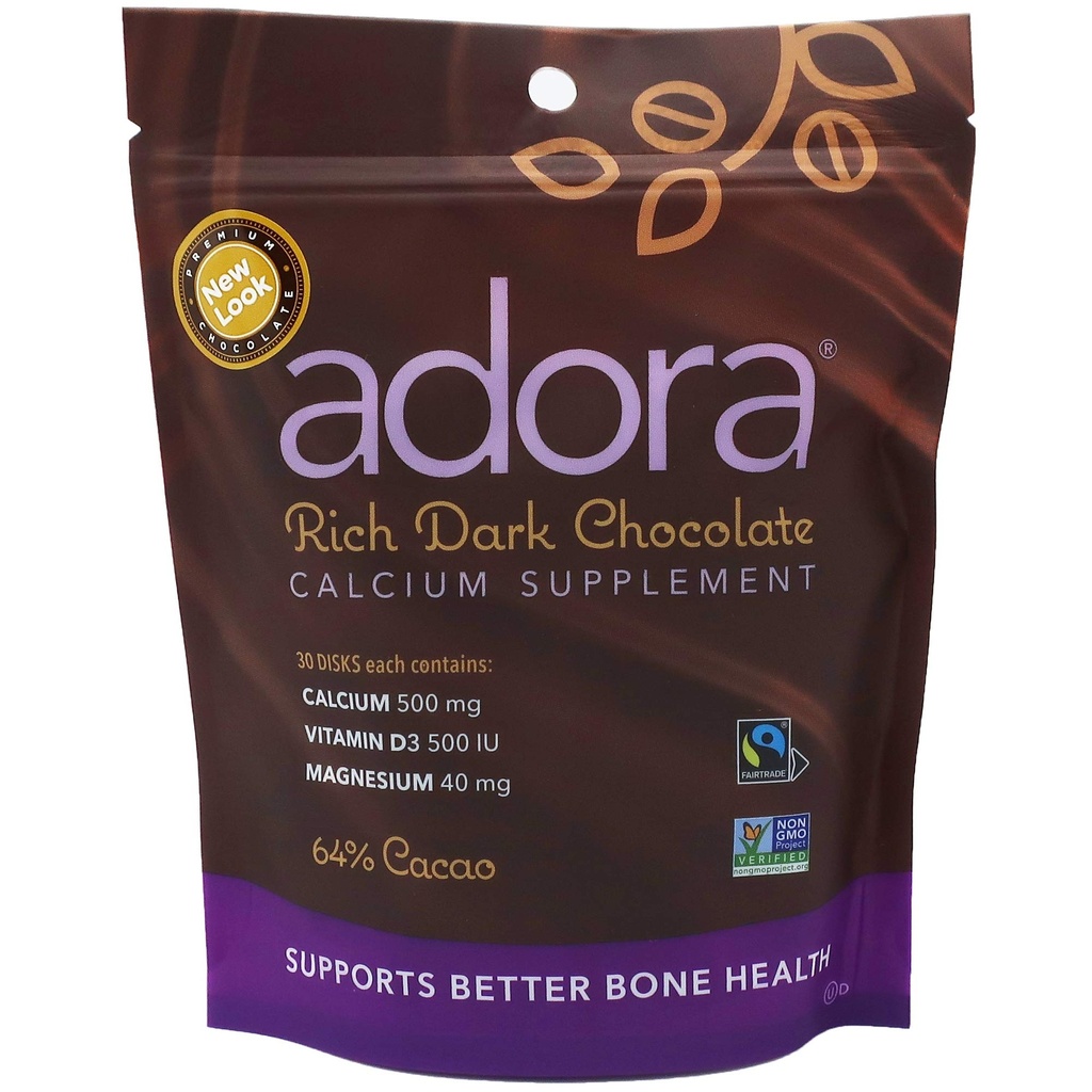 Adora 칼슘 보충교재, Fairtrade 어두운 초콜렛, 단 하나 팩 - 30 ct