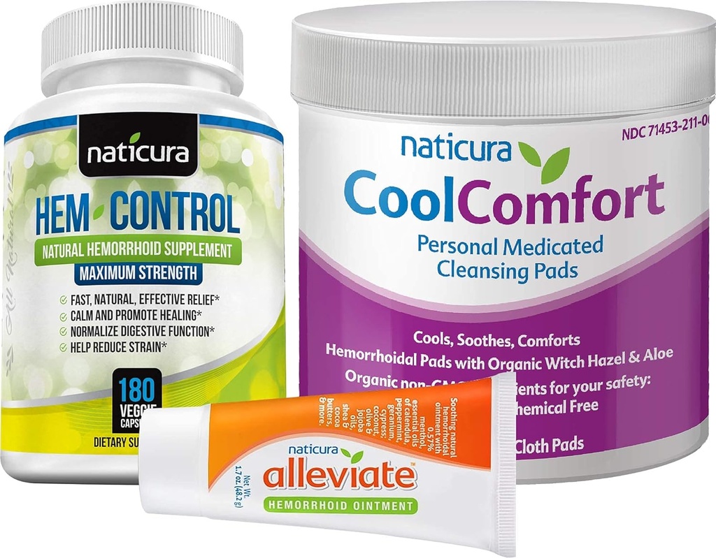 번들 - Alleviate Natural Hemorrhoid Relief Ointment, Hem-Control Natural Hemorrhoid Supplement (180 카운트) 및 CoolComfort Personal Cleansing Pad (100 개) - 모든 자연, 빠른 행동