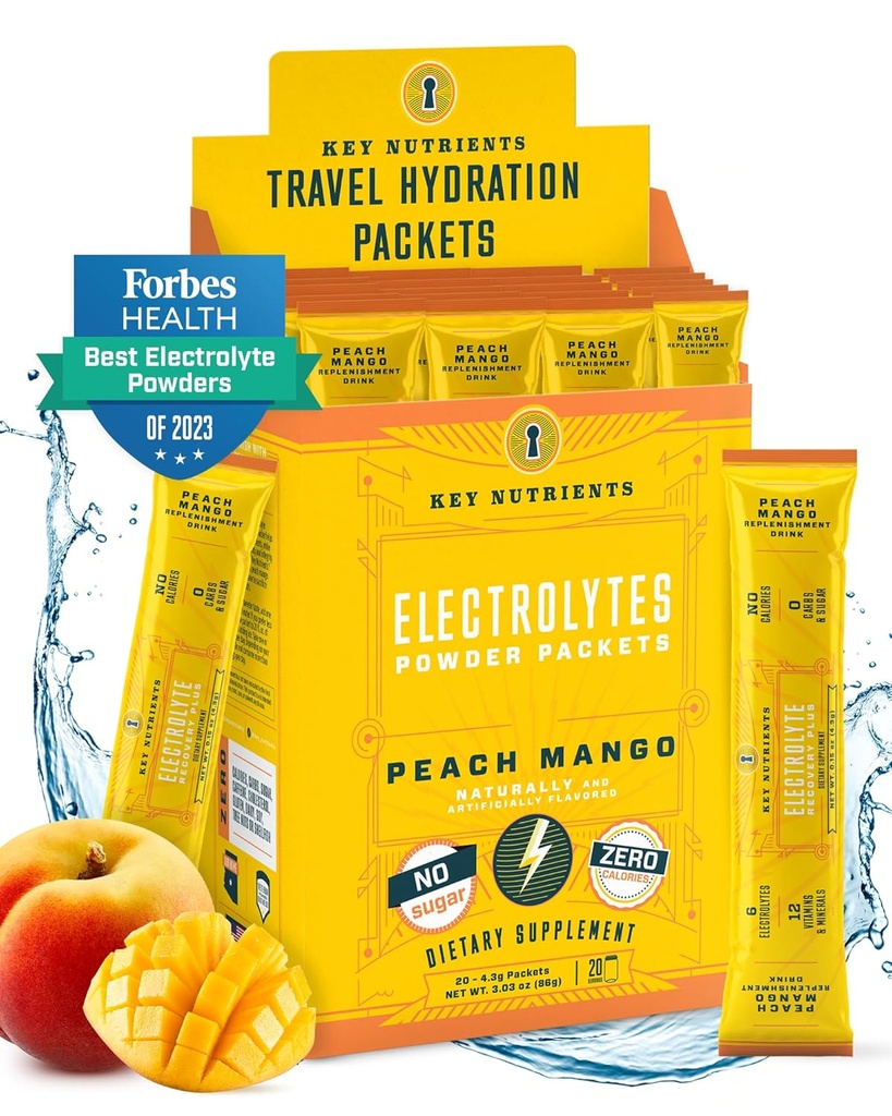 KEY NUTRIENTS Electrolytes 파우더 패킷 - 열대 복숭아 망고 20 팩 히드라 션 패킷 - 여행 히드라 션 파우더 - 설탕 없음, 칼로리 없음, 글루텐 무료 - Made in USA