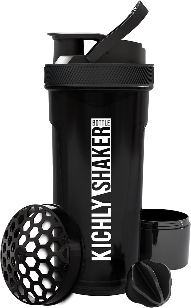 KICHLY Shaker 병 1 팩 - 24 온스 플라스틱 단백질 셰이커 병 트위스트 및 잠금 단백질 상자 스토리지 (블랙)와 사전 및 포스트 운동