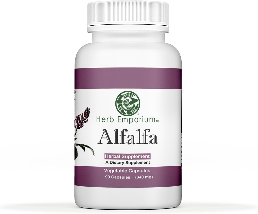 허브 Emporium Alfalfa (Medicago Sativa L, Alpalpa) 캡슐 90 야채 캡슐 (340 mg) 건강한 소화를위한 초본 보충 (팩 1)