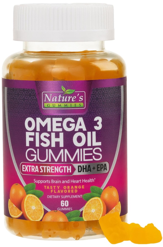 오메가 3 물고기 기름 Gummies, 심장 건강한 오메가 3 높은 흡수 DHA & EPA, 여분 힘 합동 & 뇌 지원, 맛있는 오렌지 풍미 물고기 기름 성격의 비타민 - 60 Gummies를 가진 거미 보충교재