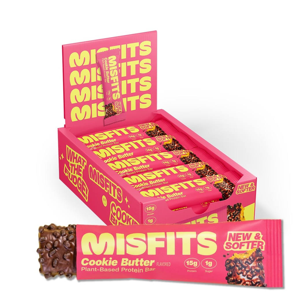 Misfits Vegan Protein Bar, 쿠키 버터 - 업데이트 된 레시피 | 공장 기반, 낮은 설탕 및 캐비넷, 높은 섬유 스낵 | 15 팩