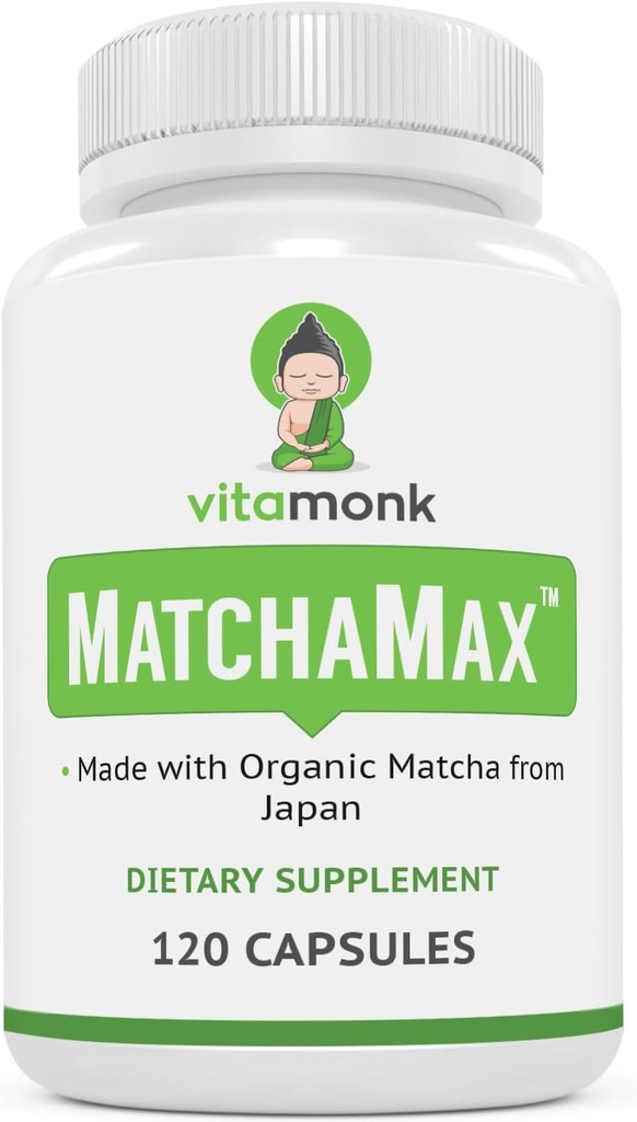 MATCHAMAXTM Organic Japanese Matcha Capsules - 부드러운 Zen-Like Energy 및 Natural Mood Boost 용 순수한 유기 Matcha Green Tea 알약 - 산화 방지제로 포장 된 Vegan Matcha Supplement - 120ct