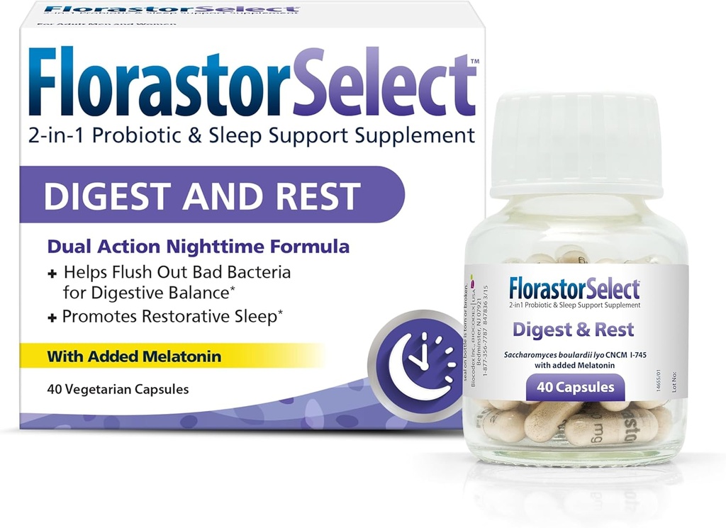 Florastor Probiotic 소화 및 휴식, Melatonin (4mg), 자연 수면 보조 + 소화 지원, 40 캡슐과 Saccharomyces Boulardii Probiotics